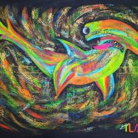Soyons marteaux sinon on va devenir fous!(2023, 116x82cm) requin-toile-ilmao